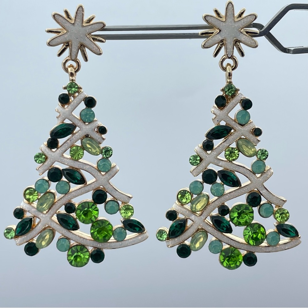 Green Crystal Christmas Tree Drop Earrings Gold Tone Holiday Jewelry